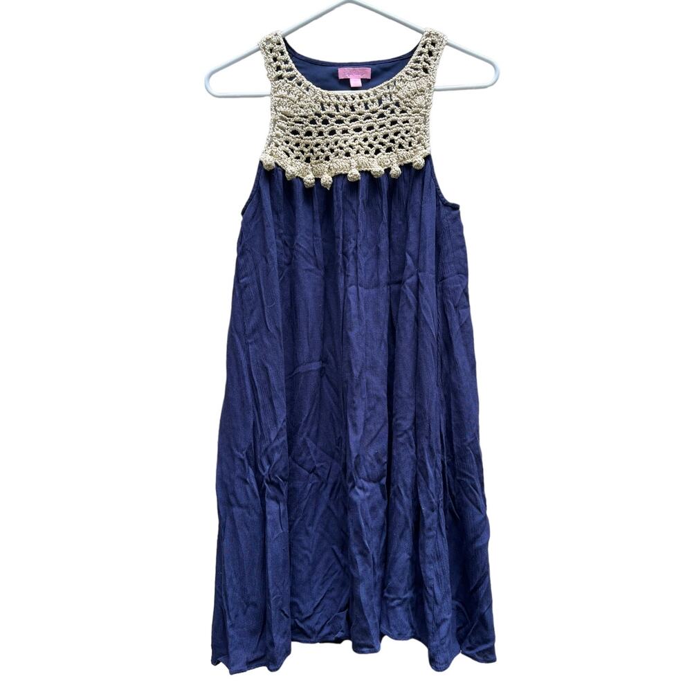 Lilly Pulitzer Rachelle Swing Dress Gold Crochet Yoke Fully Lined Women's XS